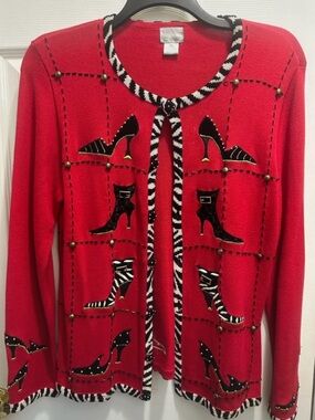 Berek Red Cardigan Sweater with Shoe Appliqué and Zebra Trim Sz Lg